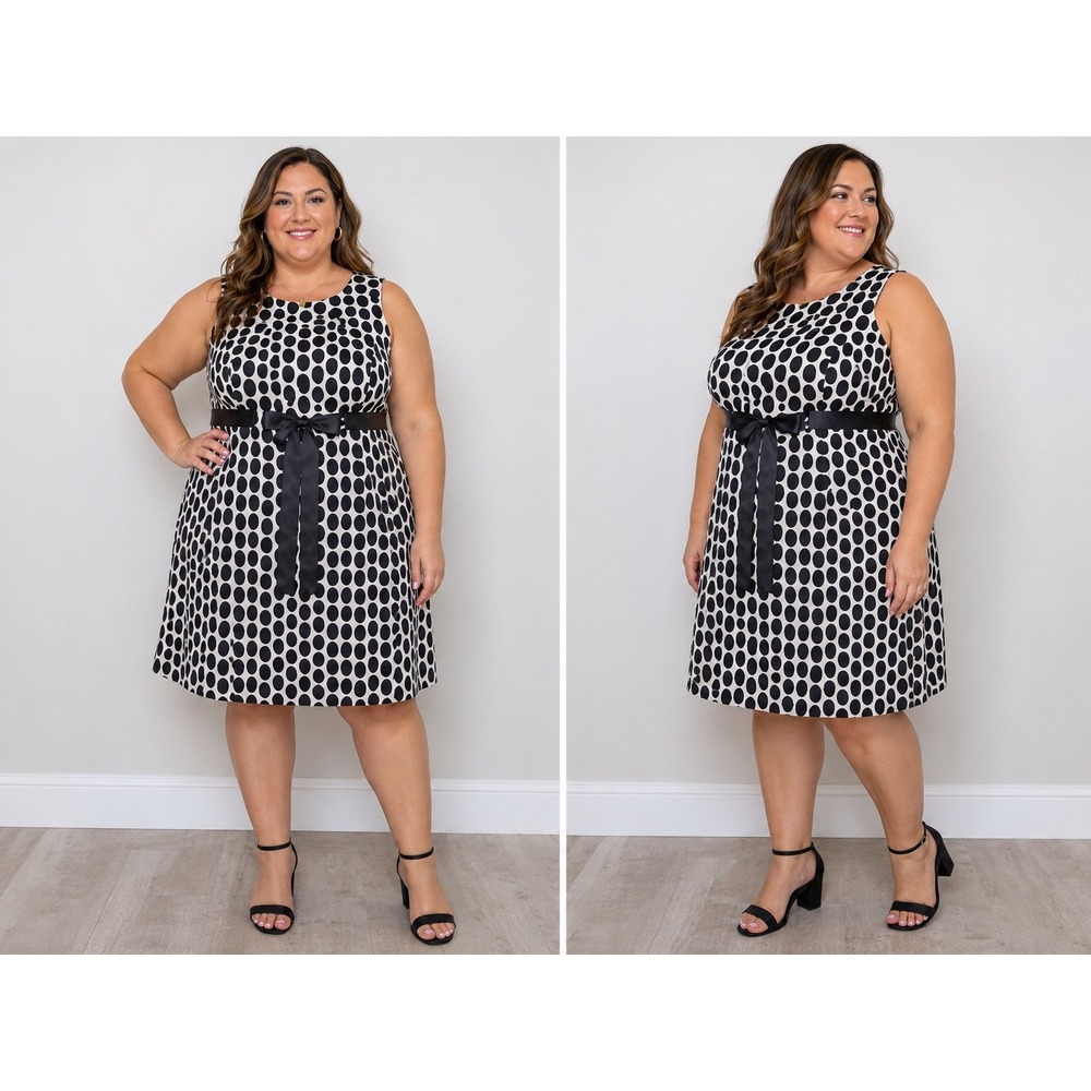 Eliza J Black White Polka Dot Sleeveless Belted‎ Fit Flare Dress Womens 16